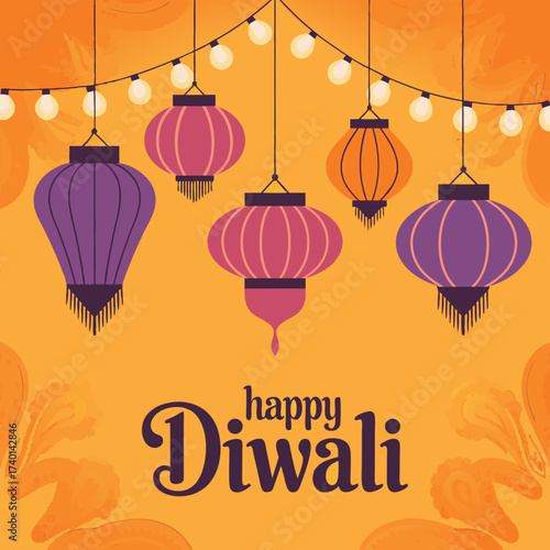 Happy Diwali celebration with colorful lanterns and lights