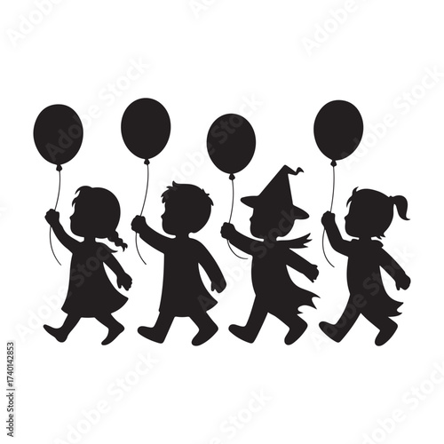 Group of children in silhouette walking with balloons silhouette
