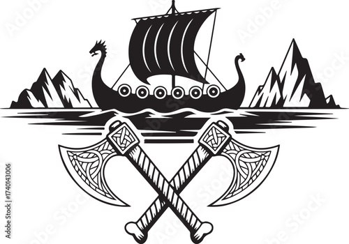 Viking Longship Drakkar Sailing with Crossed Axes Emblem