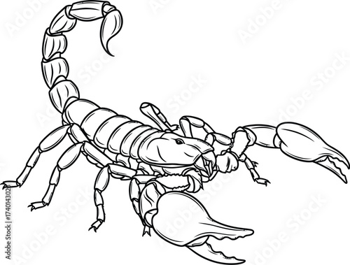 Detailed line art drawing of a scorpion on white background