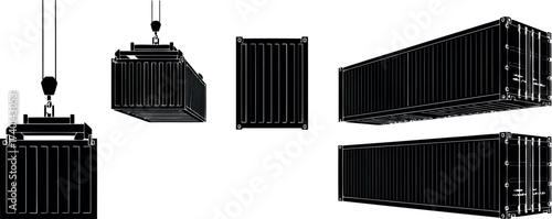 Black Silhouettes of Shipping Containers and Crane Hooks in Various Views cargo logistics