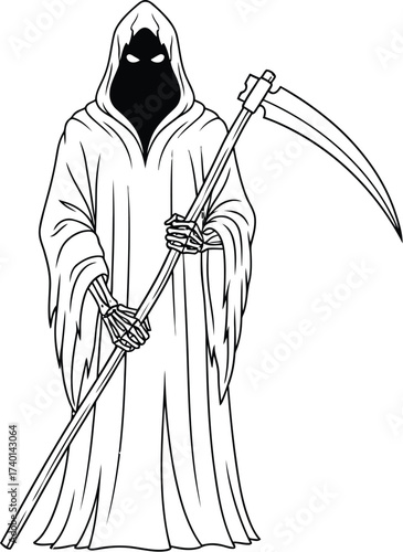 Grim reaper illustration with scythe on a white background