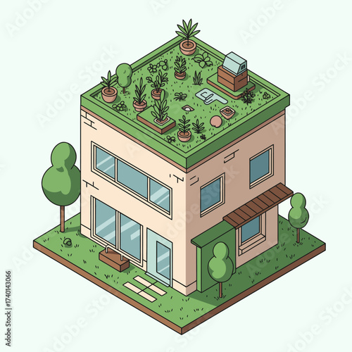 Isometric illustration of a green roof house surrounded by trees and plants, promoting sustainable urban living