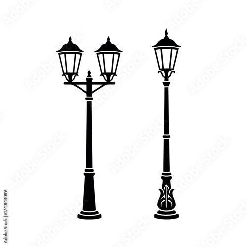 Black Silhouettes of Two Ornate Street Lamps lamp post lamppost