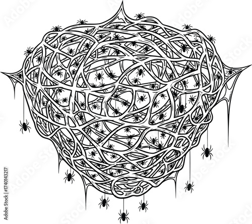 Spooky spiderweb illustration with many spiders crawling around