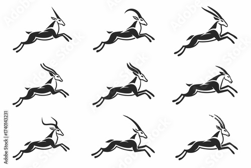 Minimalist antelope sprinting icon set in black and yellow