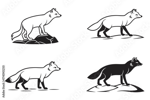 Eight minimalist arctic fox icons in black and yellow