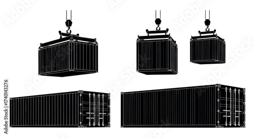 Collection of black silhouette illustrations of shipping containers and a crane hook on a white background Keywords: shipping container, cargo, freight, logistics, transport, container ship, crane