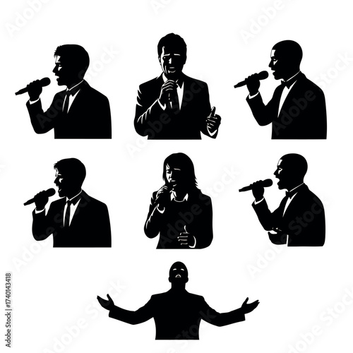 Collection of Silhouettes of People Singing with Microphones on White Background Keywords: silhouette, singer, singing, microphone, performance, music, concert, stage, artist, vocal, sound, voice