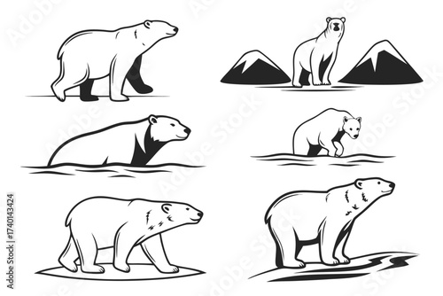 Arctic polar bear scene and icons set