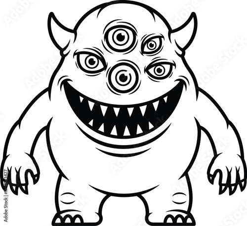 Cartoon monster with multiple eyes and a toothy grin stands