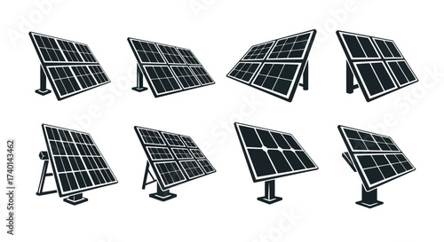 Collection of Solar Panel Icons in Various Angles and Configurations Keywords: solar panel, solar energy, renewable energy, photovoltaic, sun, power, electricity, clean energy, sustainable