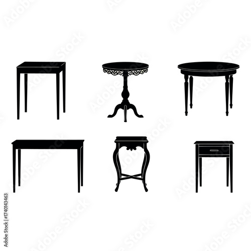 Collection of Six Black Silhouettes of Various Tables on White Background furniture object