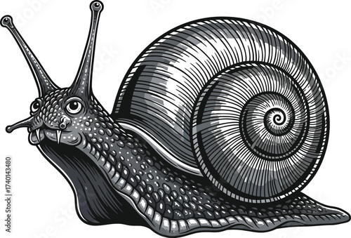 Detailed engraving of a snail with shell and antennae