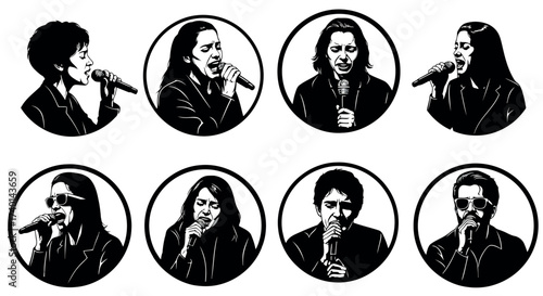Eight circular black and white portraits of singers performing with microphones in a stencil art style