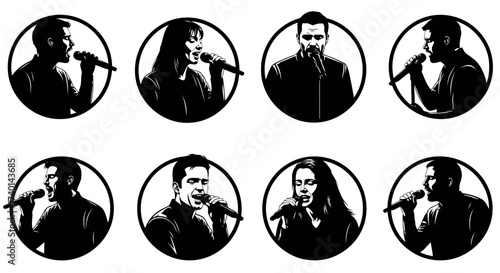 Eight circular silhouette portraits of diverse singers performing with microphones vocalist musician