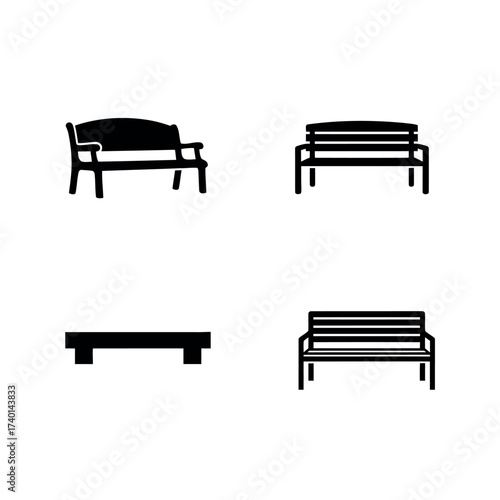 Four Black Silhouettes of Benches, Including Park Benches and a Plank Bench seating outdoor