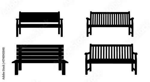 Four Black Silhouettes of Park Benches on a White Background outdoor furniture seating