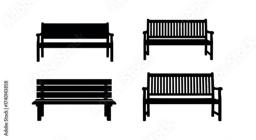Four Black Silhouettes Of Park Benches Viewed From The Front seating outdoor