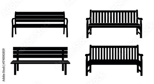 Four Black Silhouettes of Park Benches with Different Designs outdoor furniture seating