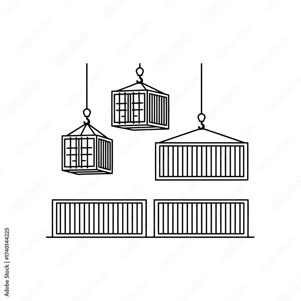 Fototapeta premium Line Art Icons of Shipping Containers and Crane Hooks cargo logistics
