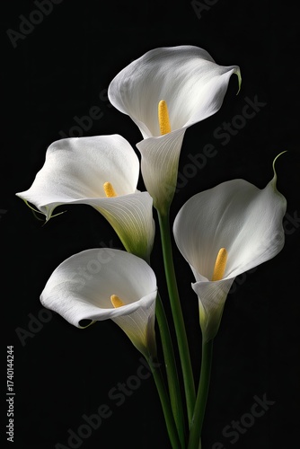 Five elegant white calla lilies with vibrant yellow stamens against a stark black backdrop