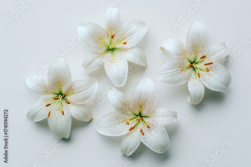 Four white lilies with yellow stamens arranged on a smooth, pale background, top-down view