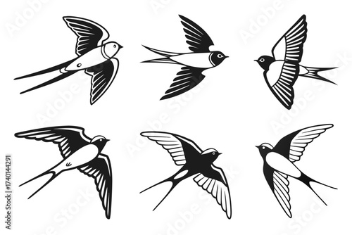 Minimalist barn swallow icon set in flight