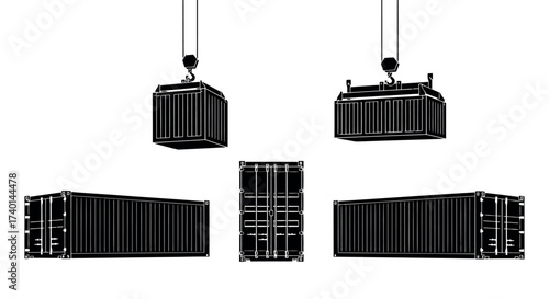 Multiple Views of Shipping Containers and Crane Hooks on White Background cargo container freight container