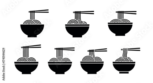 Set of seven black silhouette icons of ramen bowls with chopsticks on a white background Keywords: ramen, noodles, bowl, chopsticks, food, asian food, japanese food, chinese food, meal, dinner