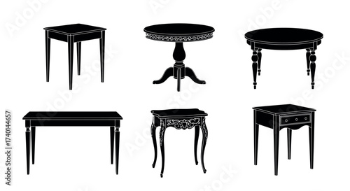 Set of Six Black Silhouette Tables of Various Styles on White Background furniture interior