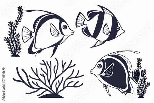 Minimalist blue tang fish icon set with vibrant colors