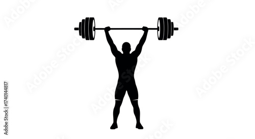 Silhouette of a male weightlifter lifting a barbell overhead with weights on a white background Keywords: weightlifter, man, male, silhouette, barbell, weights, lifting, strength, power, fitness