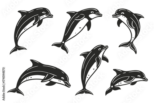 Minimalist bottlenose dolphin icon set with four color options