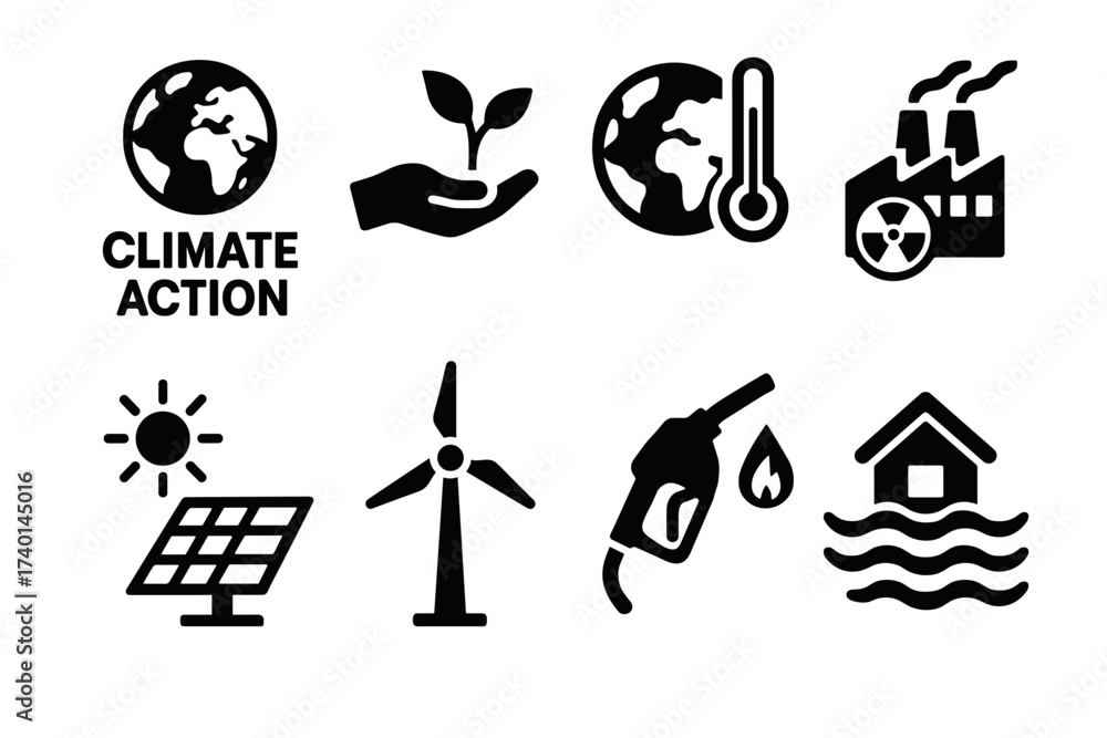 Fototapeta premium Climate and Environment Icon Set. Vector black eco symbols of renewable energy, global warming, solar, wind, and sustainability illustrations