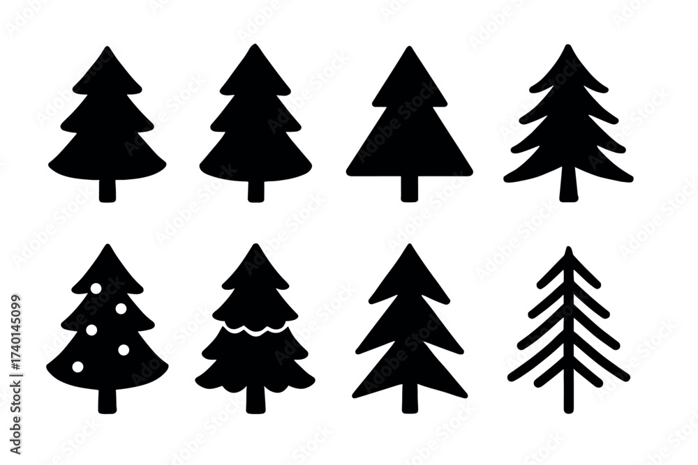Obraz premium Christmas tree icon set. Vector black symbols of holiday, pine, and celebration glyph illustrations