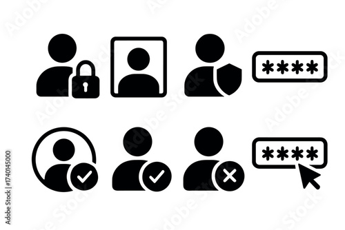 User security icon set. Vector black symbols of profile, password, and privacy glyph illustrations