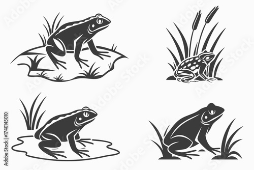 Eight minimalist bullfrog icons in black and color