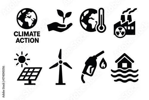 Climate and Environment Icon Set. Vector black eco symbols of renewable energy, global warming, solar, wind, and sustainability illustrations