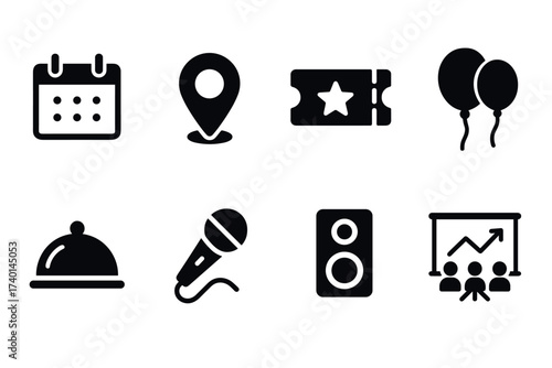 Event and Celebration Icon Set. Vector black symbols of calendar, location, ticket, balloons, catering, microphone, speaker, and presentation illustrations
