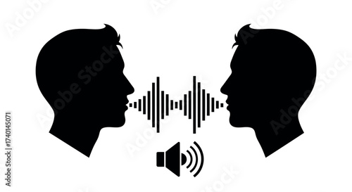 Silhouettes of Two Heads with Sound Waves and Speaker Icon on White Background Keywords: silhouette, head, man, talking, speaking, sound wave, audio, communication, conversation, voice, speech
