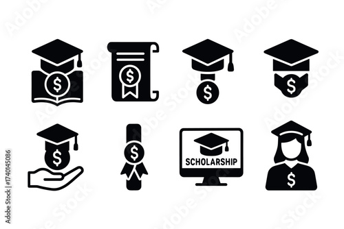 Scholarship and Education Icon Set. Vector black academic symbols of graduation cap, diploma, certificate, student grant, and financial aid glyph illustrations