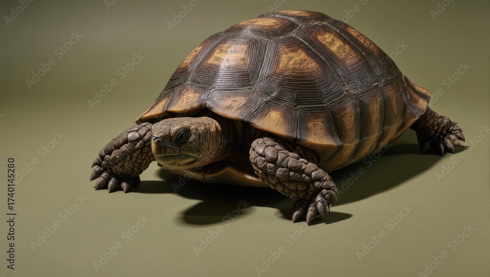 Obraz premium A detailed close-up of a terrestrial tortoise with a textured shell and scaly legs on a plain background.