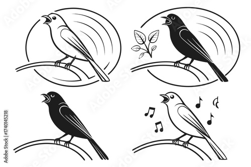 Minimalist canary singing icon set in black and yellow