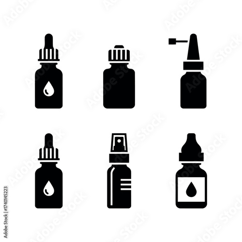 Six Black Silhouettes of Dropper Bottles and Spray Bottles on White Background medical health