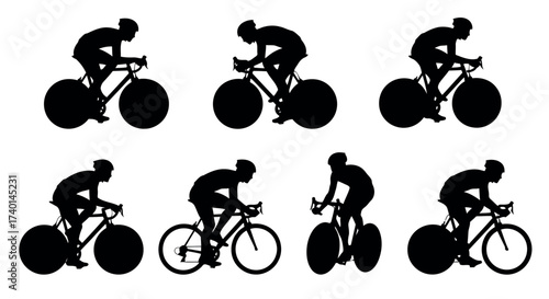 Six black silhouettes of cyclists in motion on bicycles on a white background Keywords: cyclist, cycling, bicycle, bike, sport, recreation, athlete, race, competition, motion, movement, silhouette