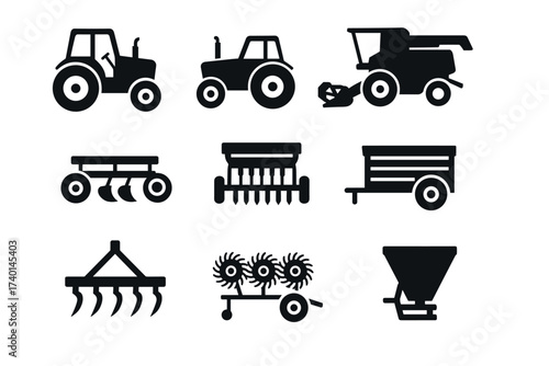 Farm equipment icon set. Vector black symbols of tractor, harvester, and agriculture tools glyph illustrations