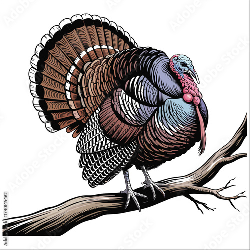 Majestic wild turkey struts proudly on a branch with fanned tail feathers detailed artwork