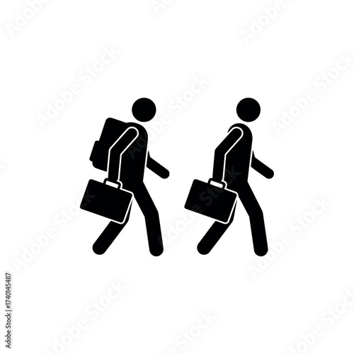Two Black Silhouette Figures of People Walking with Briefcases and Backpacks business commuter