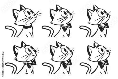 Minimalist cartoon cat wearing a bow tie icon set